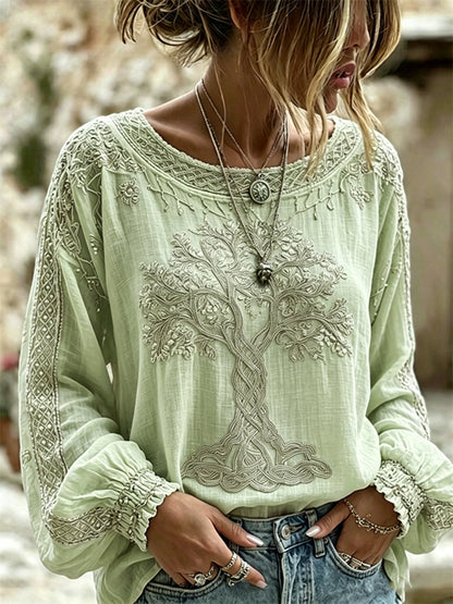 Women's Vintage Viking Tree of Life Print Cotton-Linen Shirt