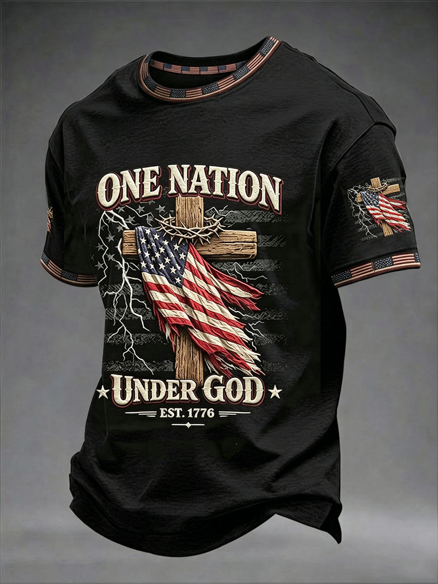 Men's Independence Day USA Flag One Nation Under God Art Short Sleeve T-shirt