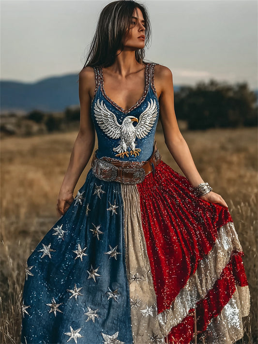 Women's American Eagle & Flag Inspired Glitter Print Flowy Maxi Dress