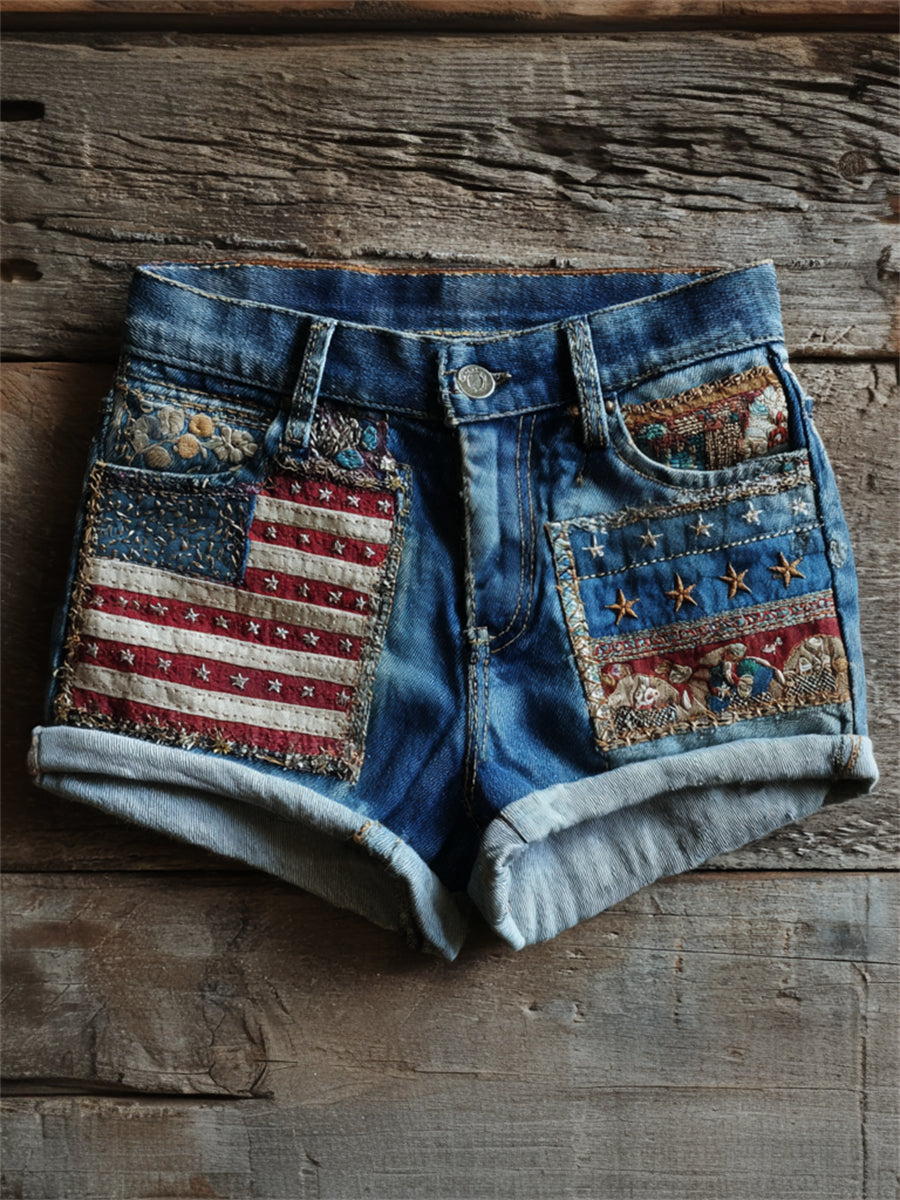 Women's Vintage Boho American Flag Art Print Denim Shorts
