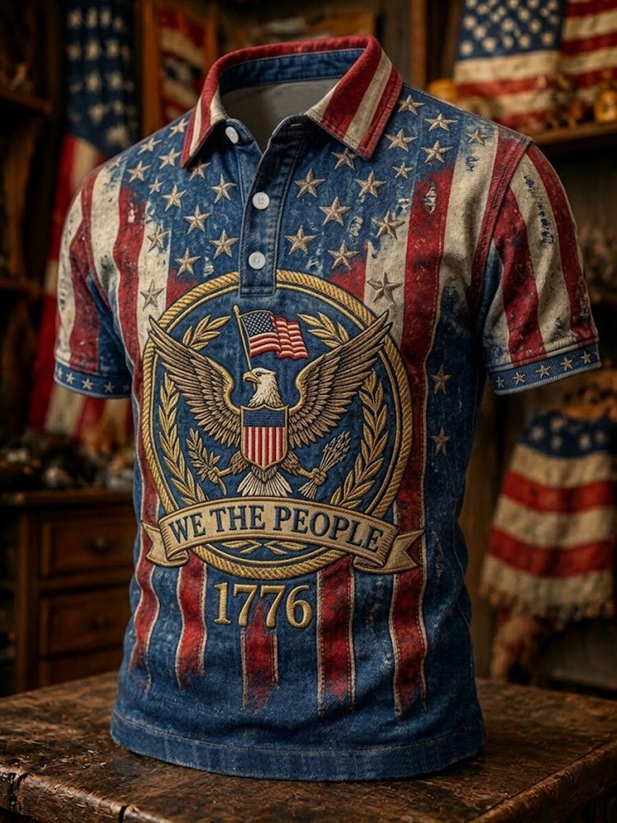 Men's Independence Day We The People USA Flag Print Casual Patriotic Polo