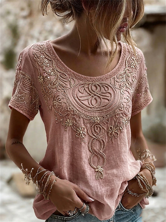 Women's Vintage Viking Celtic Knot & Floral Print linen short-sleeved T-shirt