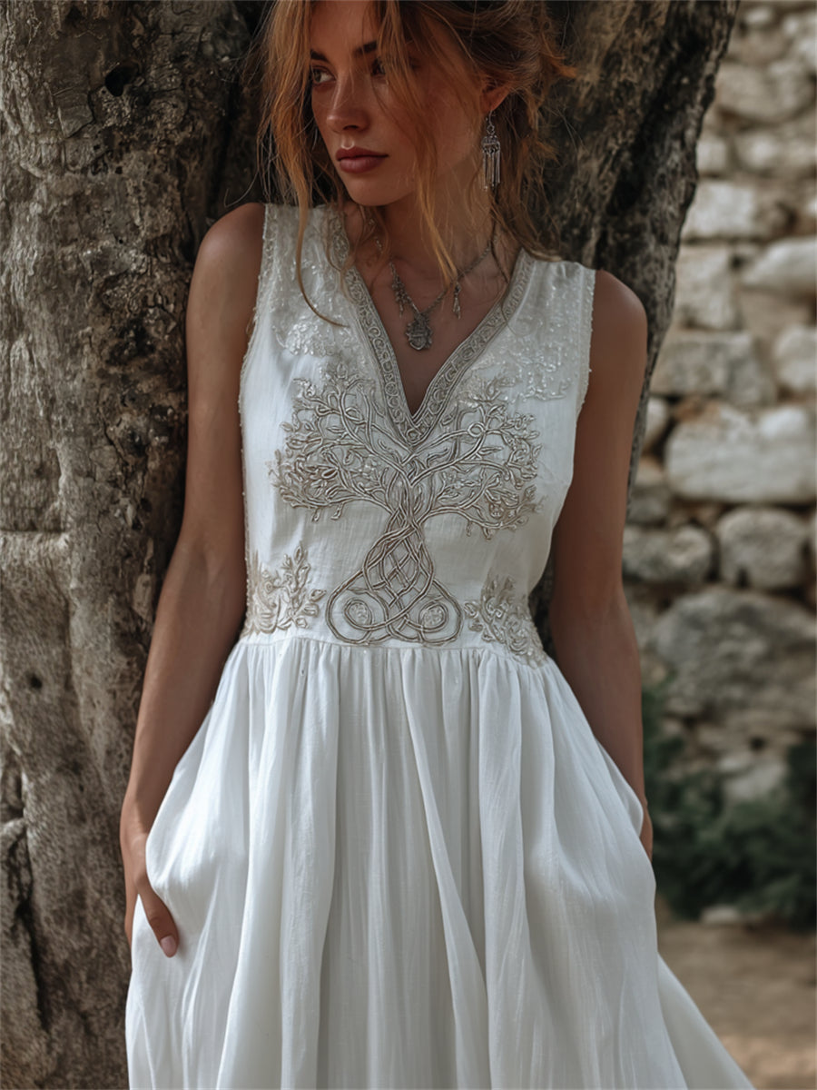 Women's Vintage Viking Tree of Life Celtic Knot Print Pleated Maxi Dress