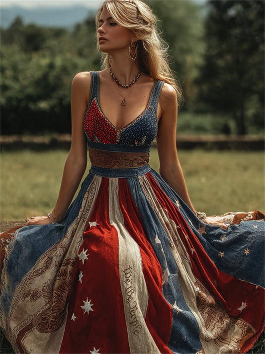 Women's Vintage We the People American Flag Patchwork Art Flowy Maxi Dress