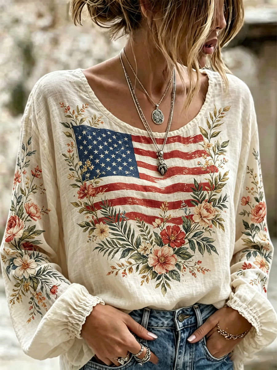 Women's America Floral Print Cotton-Linen Shirt