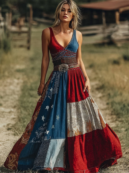 Women's Western Paisley & American Flag Colorblock Print Flowy Maxi Dress
