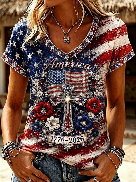 Women's Glitter Cross America 1776-2026 Flag Print short-sleeved T-shirt