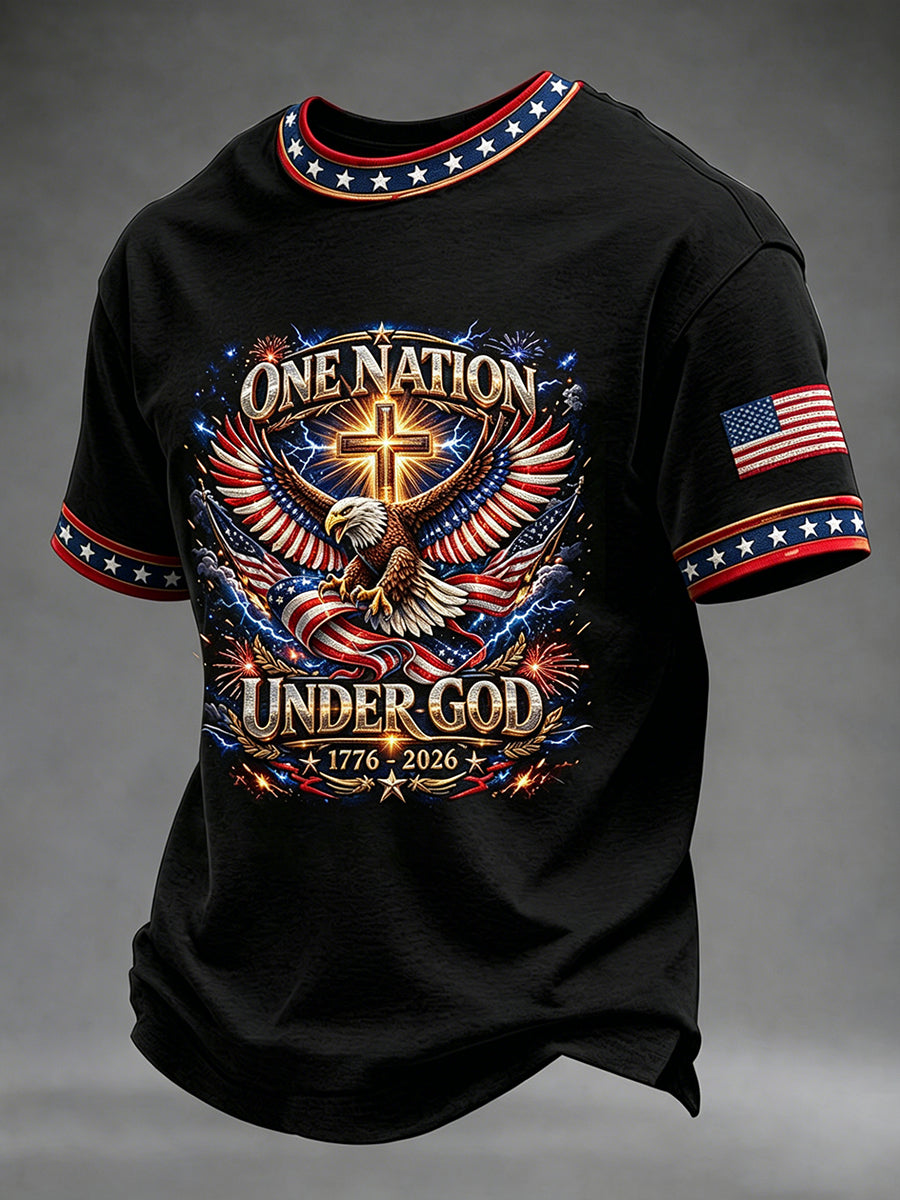 Men's Independence Day USA Flag One Nation Under God  Art Short Sleeve T-shirt