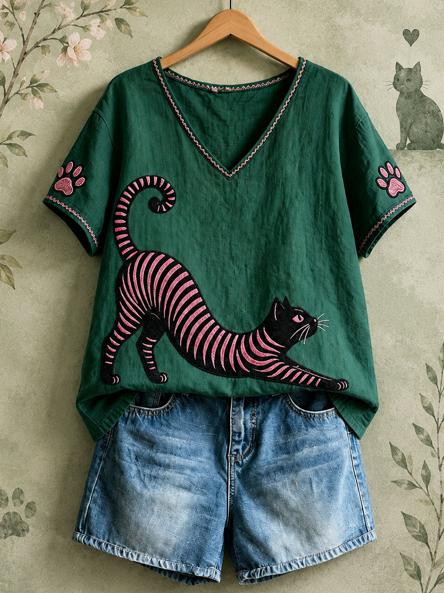 Women's Cat V-Neck Tops