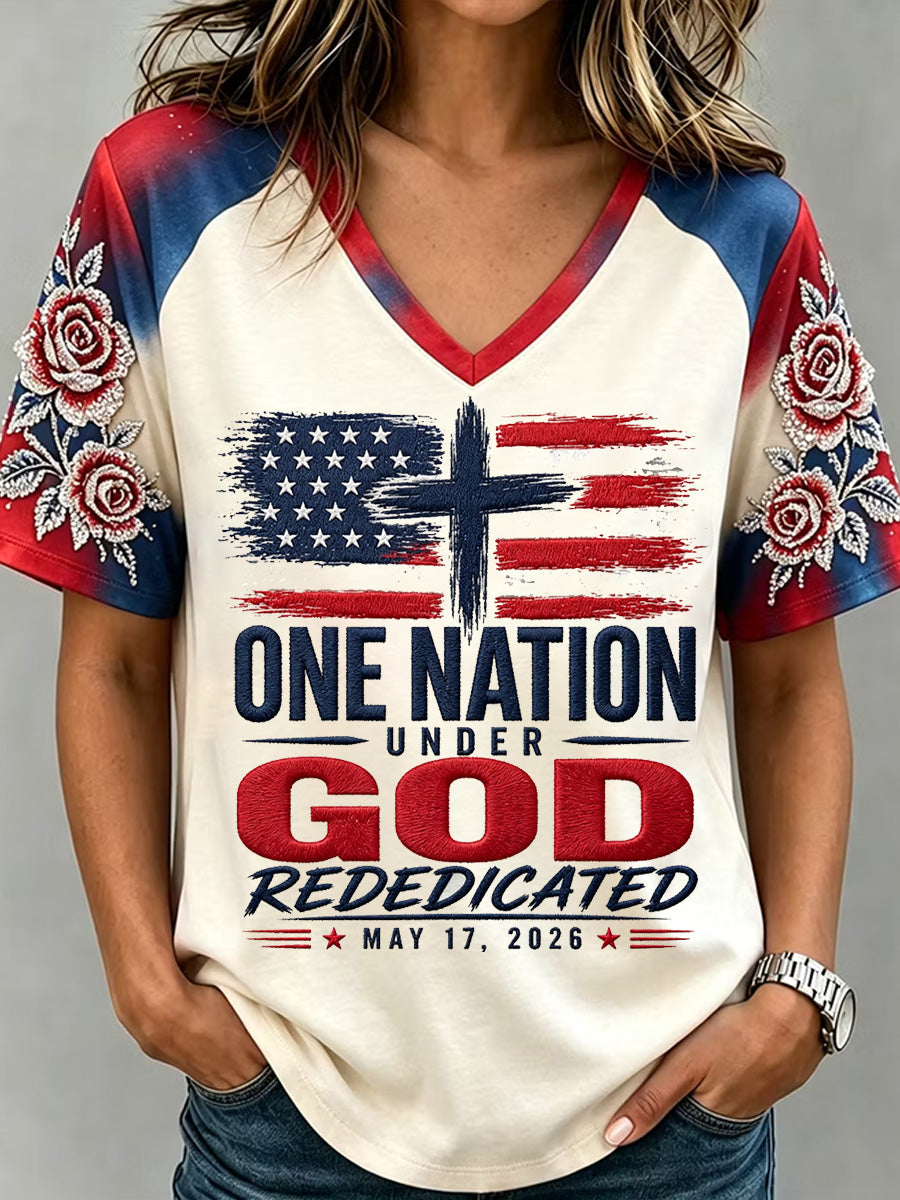 Women's  Independence Day One Nation Under God Print V-Neck Tee