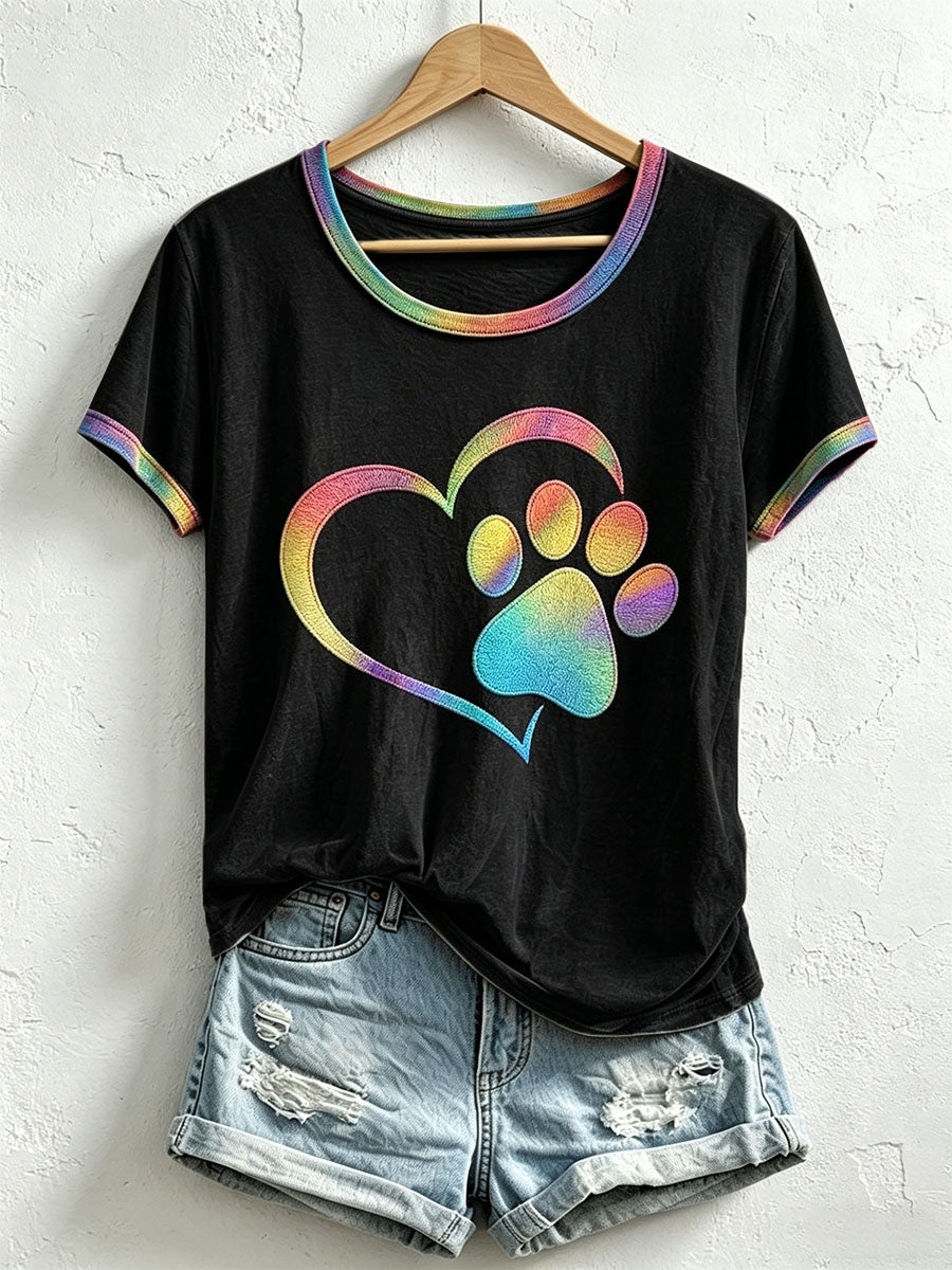 Women's Colorful Heart Paw Print T-Shirt