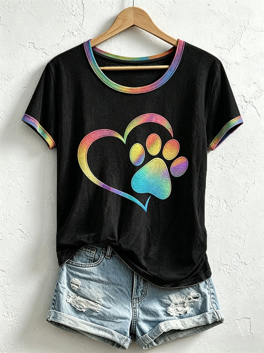 Women's Colorful Heart Paw Print T-Shirt