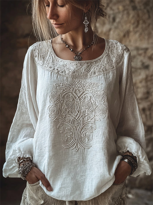 Women's Classy White Roses Viking Tree of Life Print Cotton-Linen Shirt