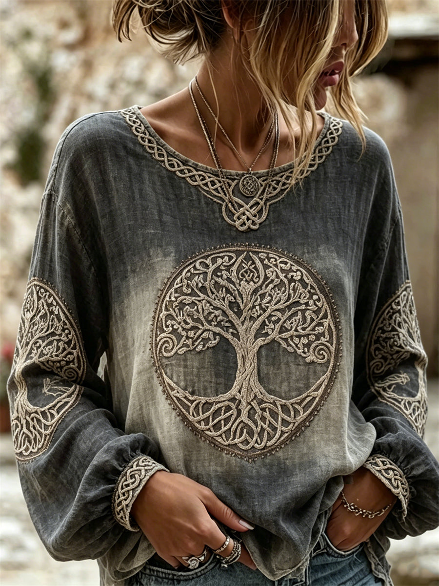 Women's Viking Tree of Life Celtic Knot Gradient Print Cotton-Linen Shirt