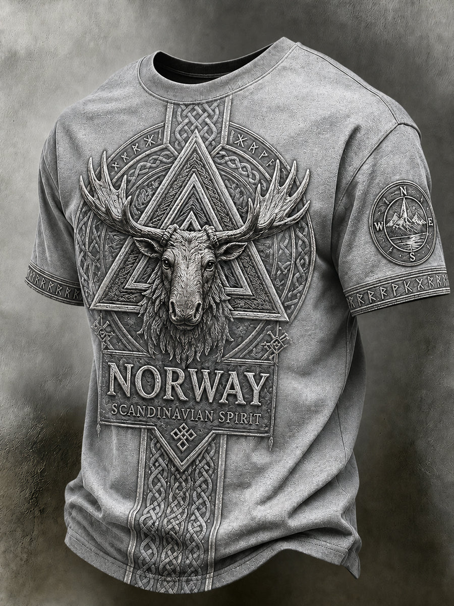Men's Retro Nordic-Style Casual Jersey with Norwegian Art Print