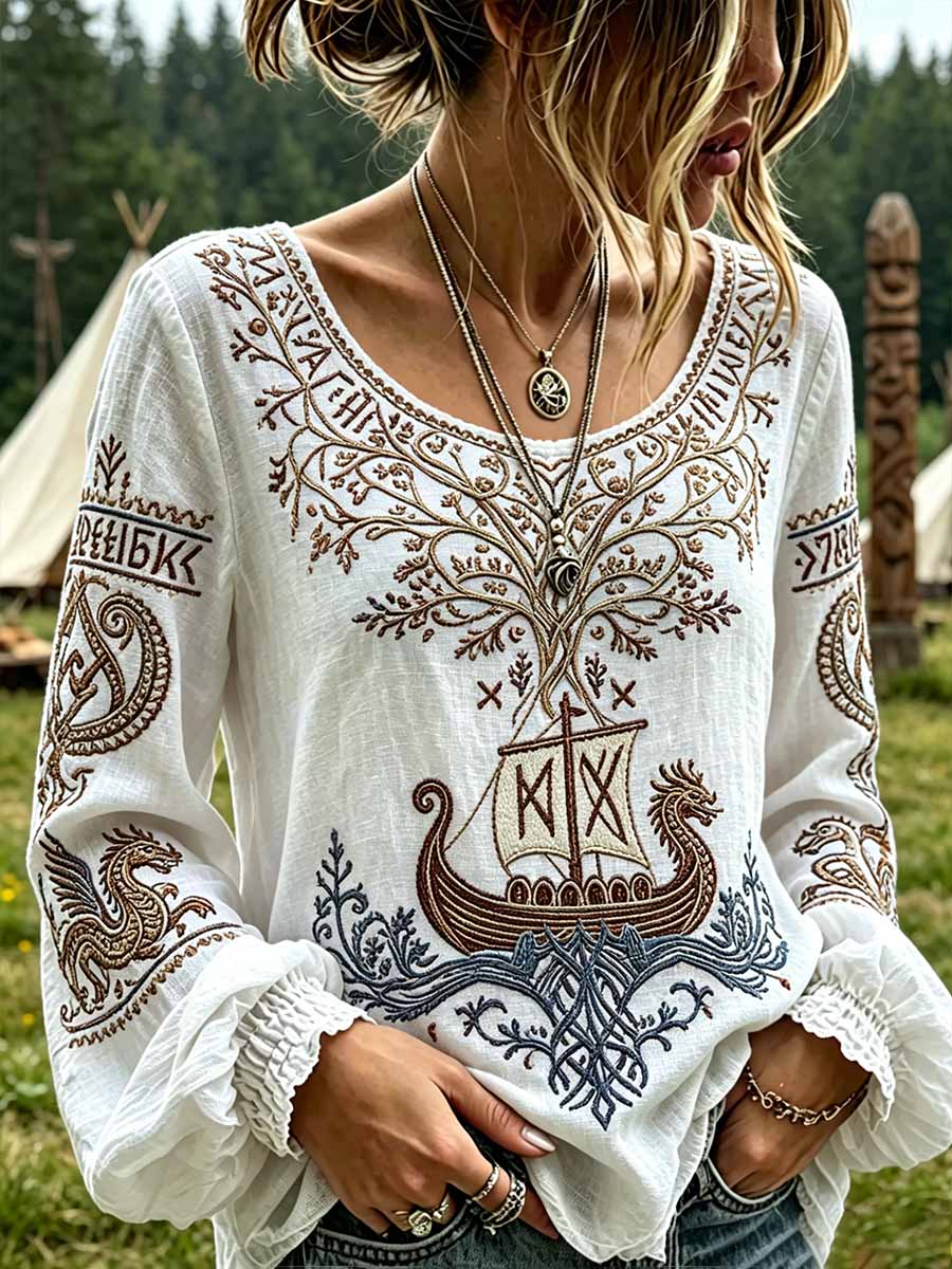 Women's Retro Forest Tree of Life Viking Pattern Printed T-Shirt