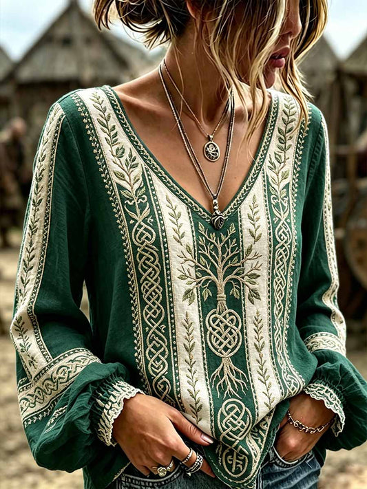 Women's Retro Forest Tree of Life Viking Pattern Printed T-Shirt