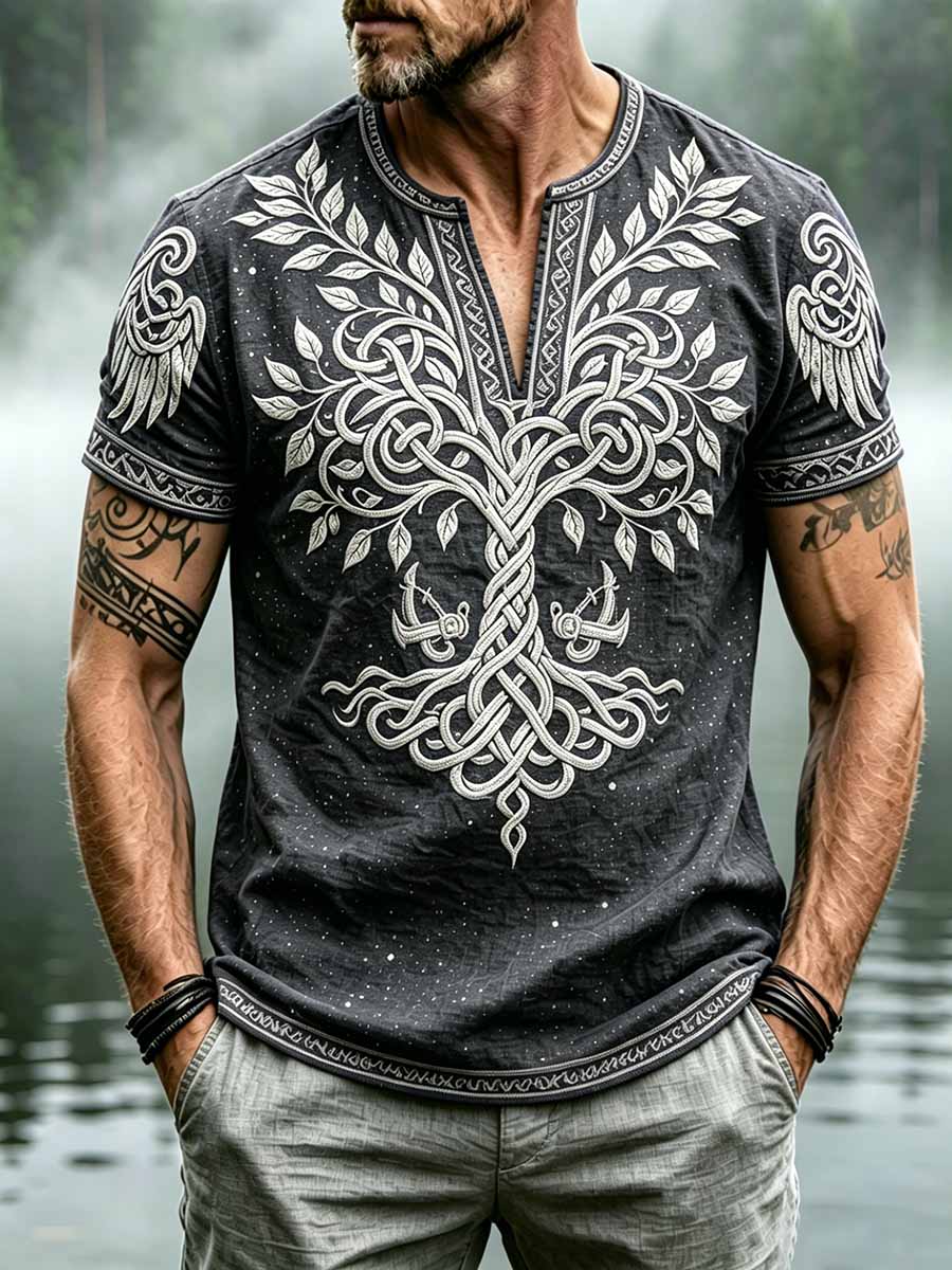 Men's Retro Viking Tree of Life Pattern Print T-Shirt