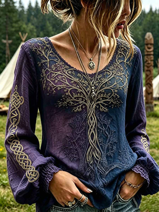 Women's Retro Tree of Life Viking Pattern Printed T-Shirt