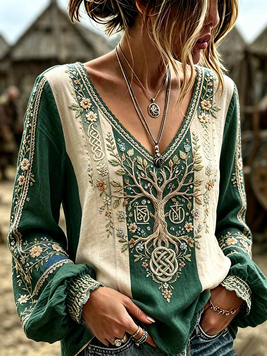 Women's Retro Forest Tree of Life Viking Pattern Printed T-Shirt