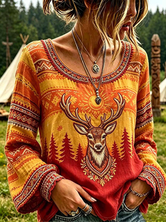 Women's Retro Tribal Deer Totem Print Casual T-Shirt