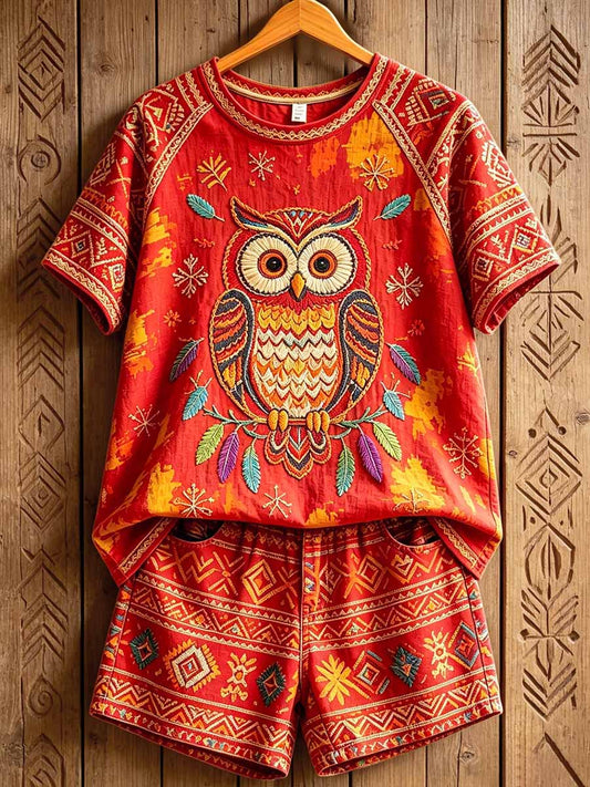 Women's Retro Tribal Owl Totem Print Casual T-Shirt Set