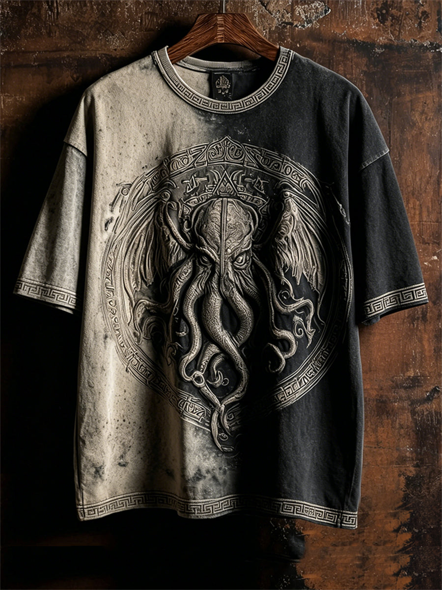 Men's Vintage Cthulu Great Old One Print Contrast Bleached short sleeves t-shirt