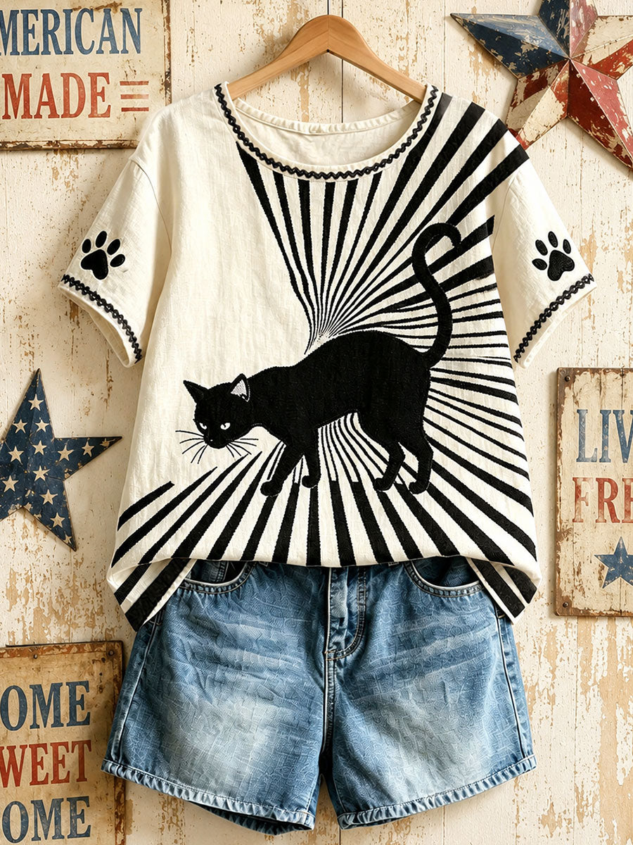 Women's American Retro Geometric Black Cat Tops