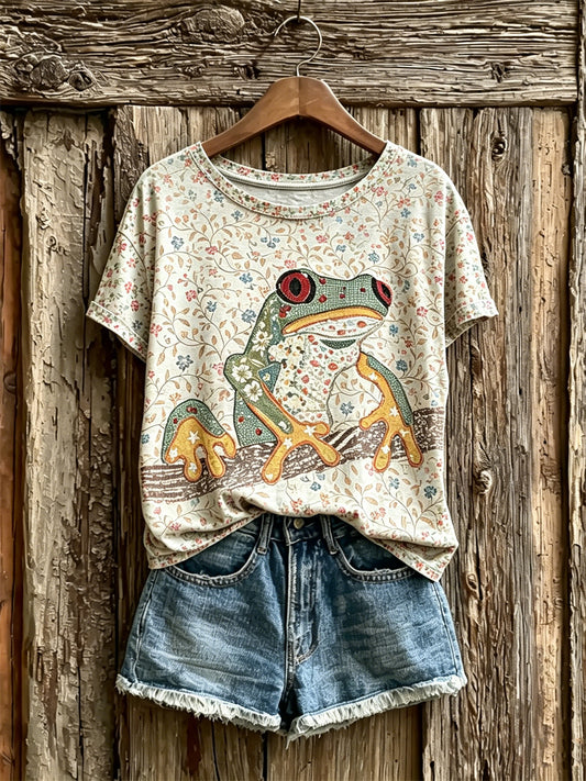 Women's Vintage Cottagecore Tree Frog Floral Print short-sleeved T-shirt
