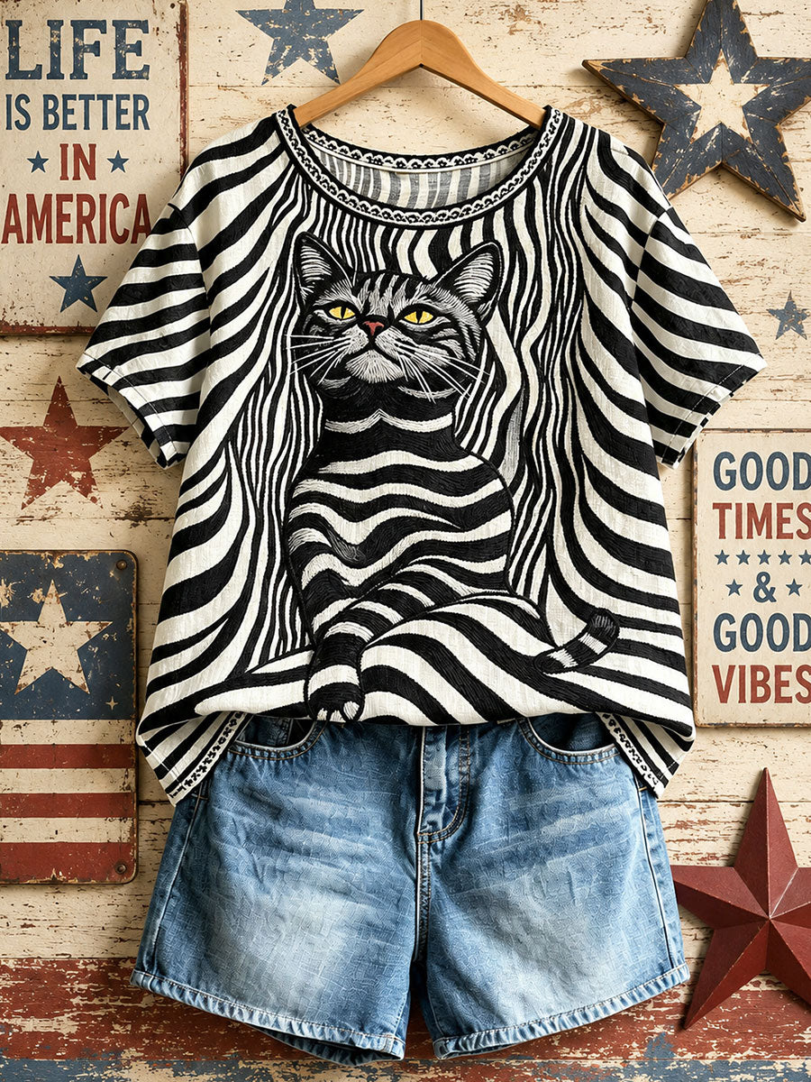 Women's American Retro Geometric Black Cat Tops