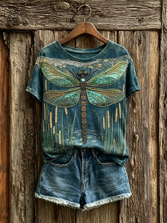 Women's Vintage Classy Dragonfly Art Print short-sleeved T-shirt