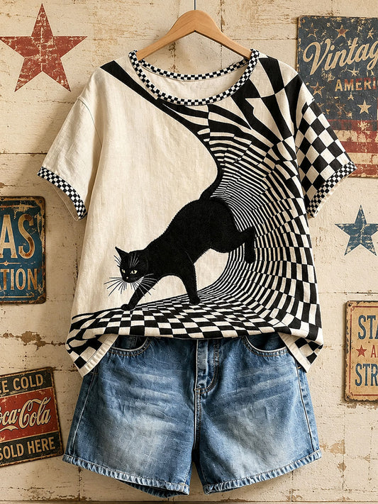 Women's American Retro Geometric Black Cat Tops