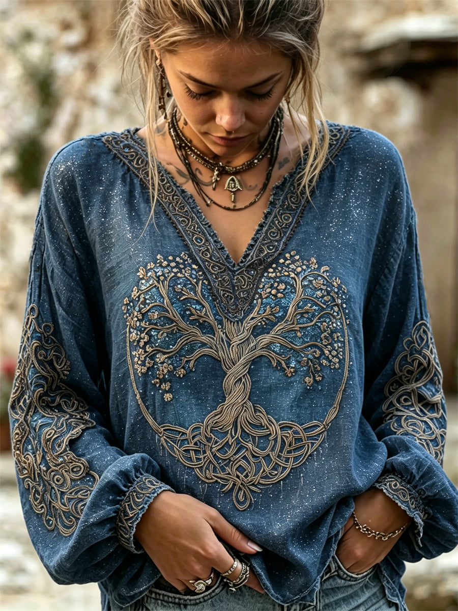 Women's Classy Viking Tree of Life Celtic Glitter Print Cotton-Linen Shirt