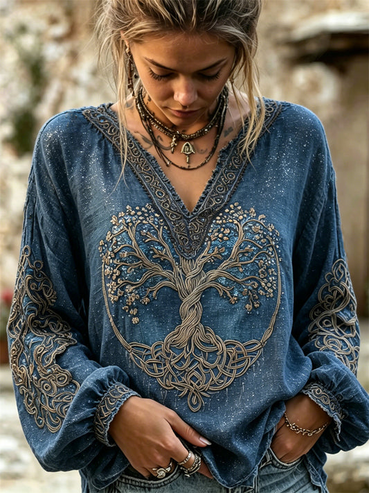 Women's Classy Viking Tree of Life Celtic Glitter Print Cotton-Linen Shirt