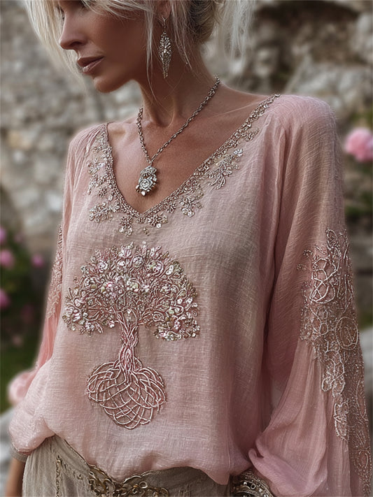 Women's Vintage Classy Pink Tree of Life Viking Print Cotton-Linen Shirt