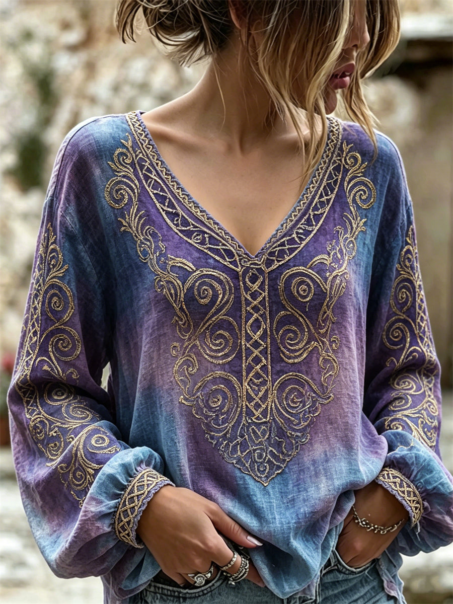 Women's Vitage Classy Viking Celtic Knot Gradient Print Cotton-Linen Shirt