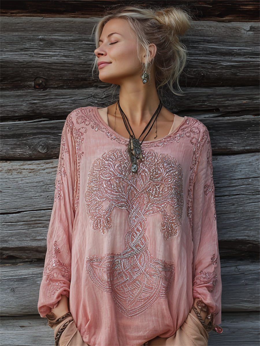 Women's Vintage Glitter Viking Tree of Life Print Comfy Cotton-Linen Shirt