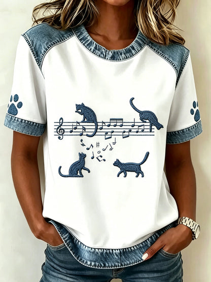 Women's Animal Music Cat Printed Vintage Fashion Loose Short Sleeve T-Shirt