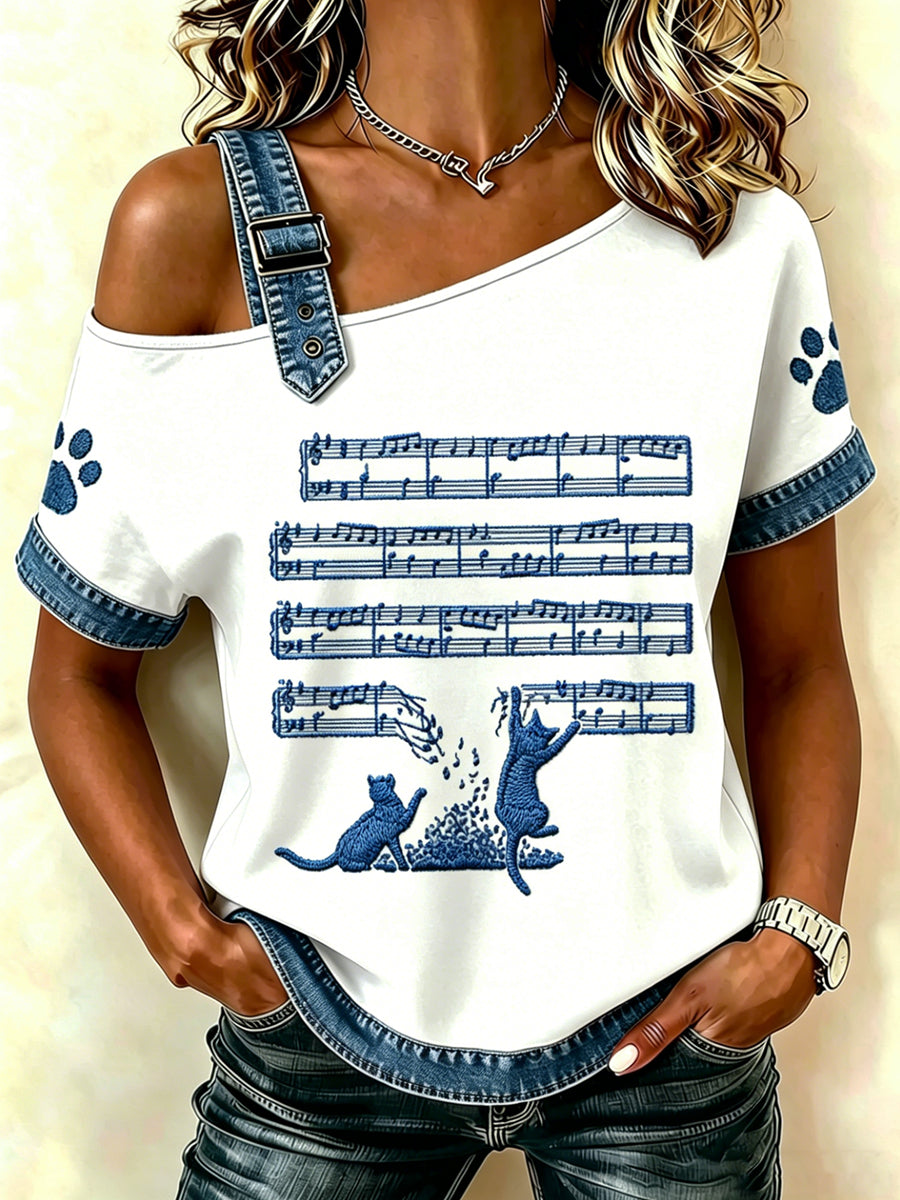 Women's Animal Music Cat Printed Vintage Fashion Loose Short Sleeve T-Shirt