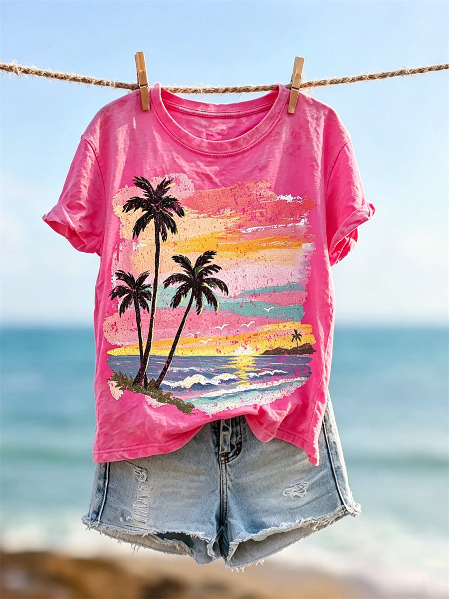 Women's Beach Sunset Scene Art Print short-sleeved T-shirt