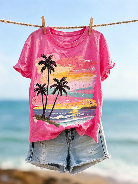 Women's Beach Sunset Scene Art Print short-sleeved T-shirt