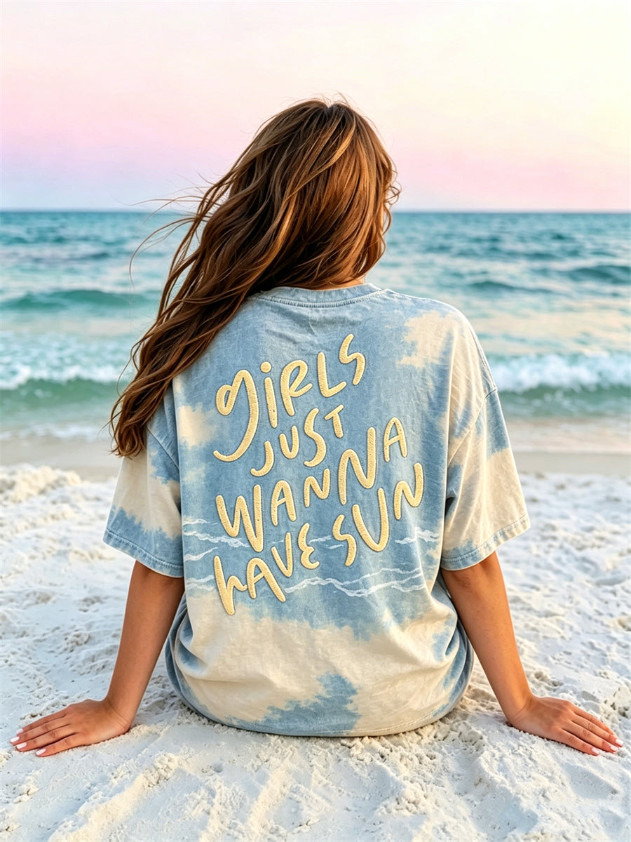 Women's Girls Just Wanna Have Sun Seascape Bleached T-shirt