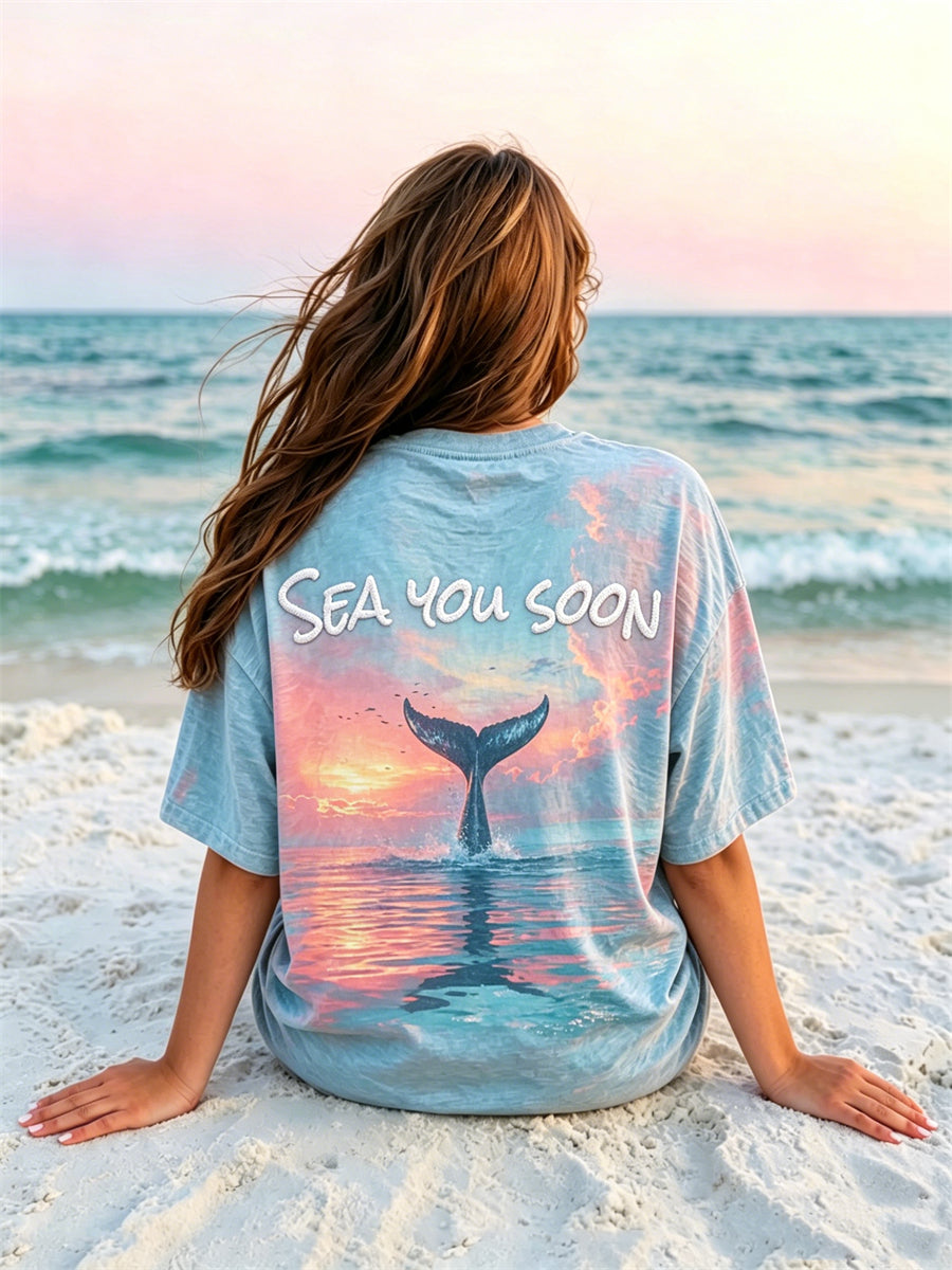 Women's Sea You Soon Whale Tail Sunset Seascape Print T Shirt