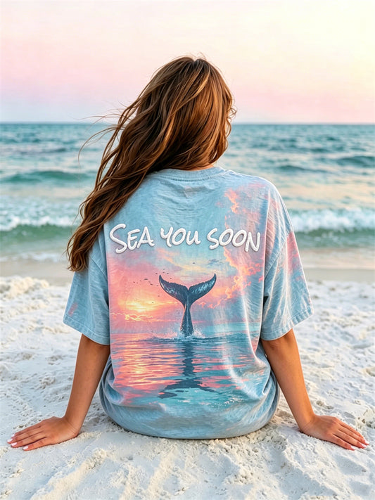 Women's Sea You Soon Whale Tail Sunset Seascape Print T Shirt