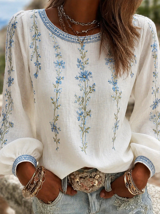 Women's Vintage Floral Art Print Casual Cotton-Linen Top