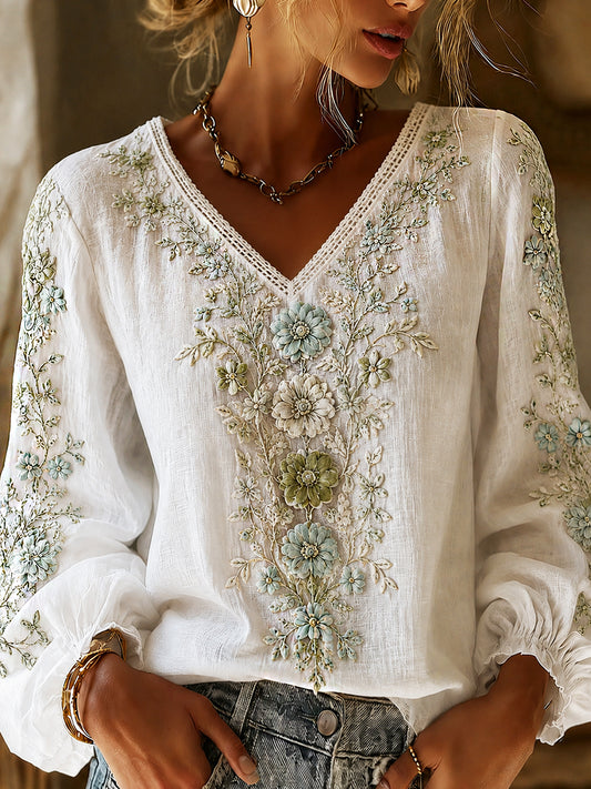 Women's Vintage Floral Art Print Casual Cotton-Linen Top