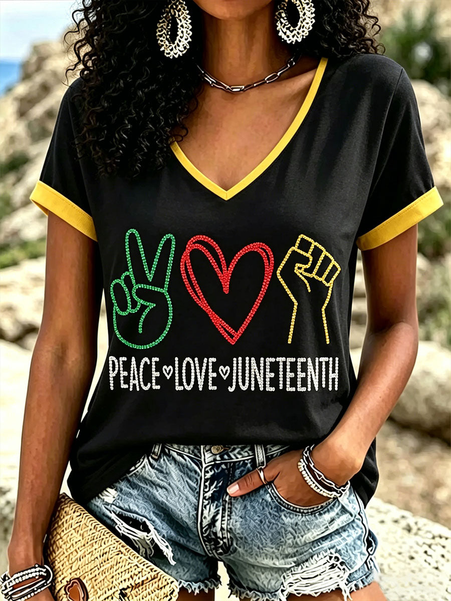 Women‘s Peace Love Juneteenth V-neck T-shirt
