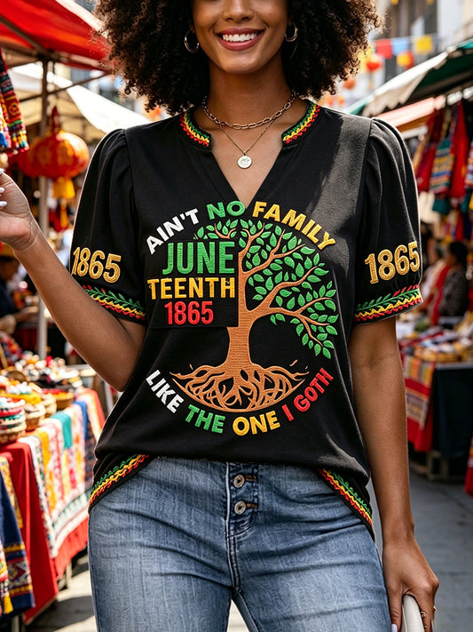 Women's Black Juneteenth Creative Print Black V-neck Fashion T-shirt