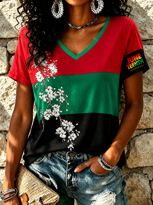 Women's Juneteenth Floral Print V-Neck Top