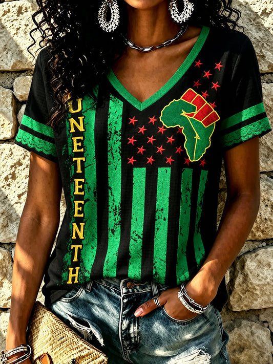 Women's Juneteenth Floral Print V-Neck Top